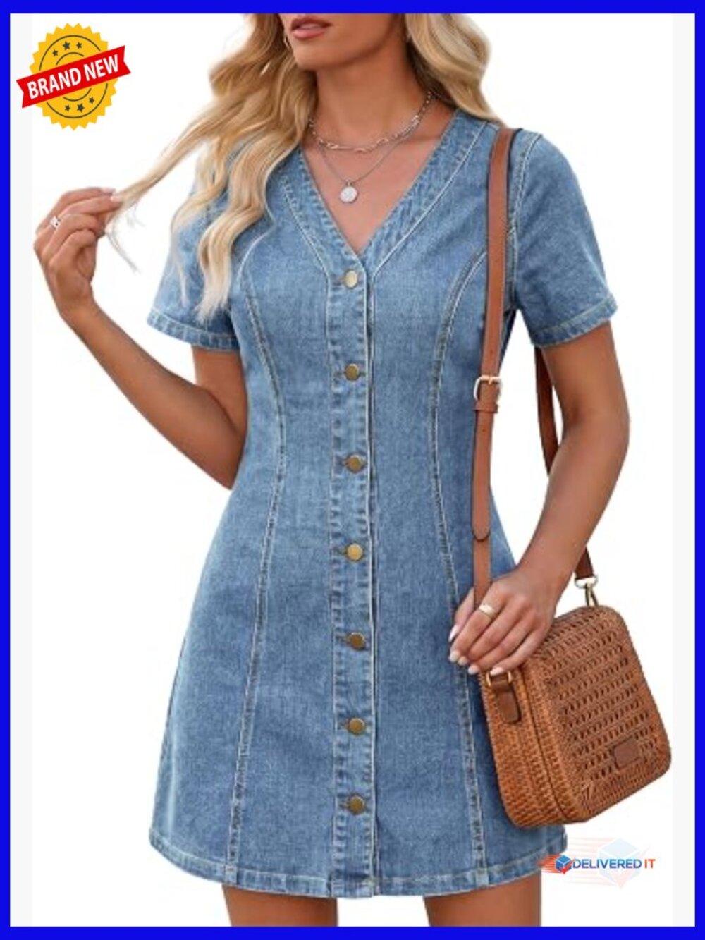 V Neck Denim Dress A-line Short Sleeve Button Down Casual Summer Shirt Dress
